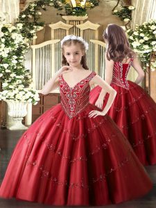Fashion Red Ball Gowns Tulle V-neck Sleeveless Beading and Appliques Floor Length Lace Up Kids Pageant Dress