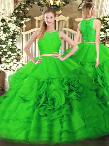 Popular Green Two Pieces Ruffles Quinceanera Gowns Zipper Tulle Sleeveless Floor Length