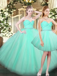Aqua Blue Lace Up Sweetheart Ruching Quinceanera Dress Tulle Sleeveless