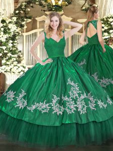Low Price Dark Green Sleeveless Floor Length Beading and Lace and Appliques Backless Sweet 16 Quinceanera Dress