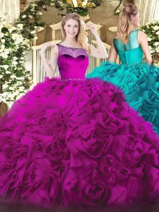 Fabric With Rolling Flowers Scoop Sleeveless Zipper Beading Sweet 16 Quinceanera Dress in Fuchsia