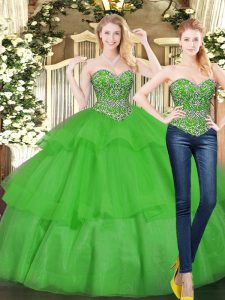 Green Organza Lace Up Quince Ball Gowns Sleeveless Floor Length Beading and Ruffled Layers