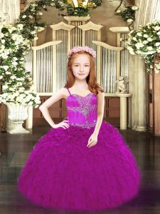 Low Price Fuchsia Organza Lace Up Spaghetti Straps Sleeveless Floor Length Little Girl Pageant Gowns Beading and Ruffles