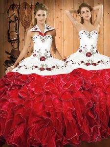 Fitting Floor Length White And Red Quinceanera Dress Satin and Organza Sleeveless Embroidery and Ruffles