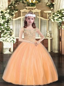 Orange Tulle Lace Up Pageant Dresses Sleeveless Floor Length Beading