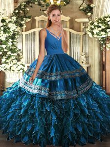Blue V-neck Neckline Beading and Appliques and Ruffles Sweet 16 Dresses Sleeveless Backless