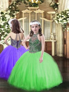 Sleeveless Tulle Floor Length Lace Up Girls Pageant Dresses in Green with Beading