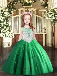 Latest Green Ball Gowns Scoop Sleeveless Tulle Floor Length Zipper Beading and Appliques Girls Pageant Dresses