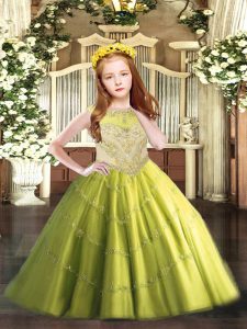 Attractive Tulle Scoop Sleeveless Zipper Beading and Appliques Little Girls Pageant Dress in Olive Green