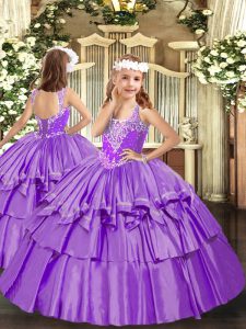 Sleeveless Organza Floor Length Lace Up Little Girls Pageant Dress Wholesale in Lavender with Beading and Ruffled Layers