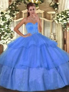 Custom Designed Organza Sweetheart Sleeveless Lace Up Beading and Ruffled Layers 15 Quinceanera Dress in Baby Blue
