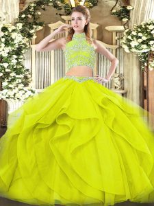Yellow Green Tulle Backless High-neck Sleeveless Floor Length Quince Ball Gowns Beading and Ruffles
