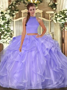 Captivating Lavender Two Pieces Halter Top Sleeveless Organza Floor Length Side Zipper Beading and Ruffles Sweet 16 Dres