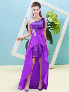 One Shoulder Sleeveless Elastic Woven Satin and Sequined Prom Dress Beading and Sequins Lace Up