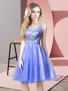 Fantastic Sleeveless Tulle Knee Length Zipper Dress for Prom in Blue with Beading