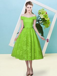 Pretty Lace Off The Shoulder Cap Sleeves Lace Up Bowknot Bridesmaid Dresses in Yellow Green