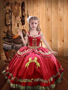 Customized Coral Red Little Girls Pageant Gowns Sweet 16 and Quinceanera with Embroidery Off The Shoulder Sleeveless Lac