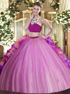 Exceptional Lilac Tulle Backless High-neck Sleeveless Floor Length Quinceanera Gowns Beading and Ruffles