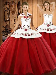 Perfect Wine Red 15 Quinceanera Dress Military Ball and Sweet 16 and Quinceanera with Embroidery Halter Top Sleeveless L
