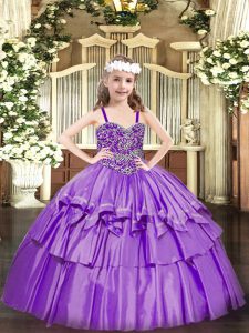 Charming Lavender Sleeveless Floor Length Beading and Ruffled Layers Lace Up Kids Pageant Dress
