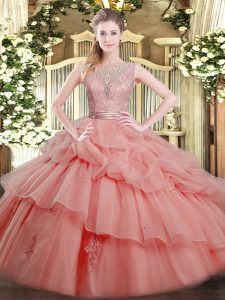 Watermelon Red Sleeveless Beading and Ruffled Layers Floor Length Quinceanera Gown