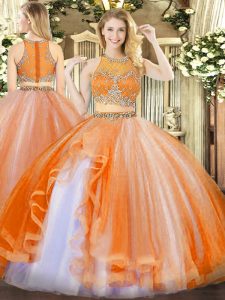 Fine Sleeveless Organza Floor Length Zipper Sweet 16 Dresses in Orange Red with Beading and Ruffles