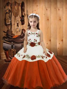 Orange Red Ball Gowns Straps Sleeveless Organza Floor Length Lace Up Embroidery Winning Pageant Gowns