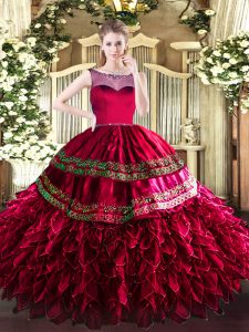Coral Red Quinceanera Gown Sweet 16 and Quinceanera with Beading and Ruffles Scoop Sleeveless Zipper
