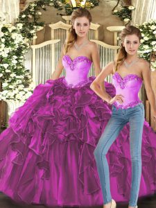 Fuchsia Ball Gowns Organza Sweetheart Sleeveless Ruffles Floor Length Lace Up Sweet 16 Quinceanera Dress