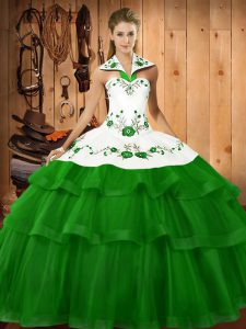 Smart Sleeveless Organza Sweep Train Lace Up Quinceanera Dress in Green with Embroidery and Ruffled Layers