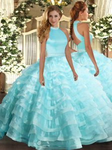 Romantic Halter Top Sleeveless Backless Sweet 16 Dresses Aqua Blue Organza