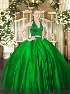 Customized Halter Top Sleeveless Zipper Quinceanera Gown Green Satin