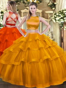 Popular Two Pieces Quinceanera Dresses Rust Red High-neck Tulle Sleeveless Floor Length Criss Cross