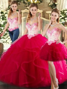 Floor Length Hot Pink Vestidos de Quinceanera Organza Sleeveless Beading and Ruffles
