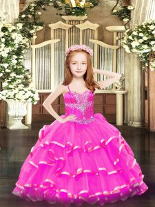 Beading and Ruffled Layers Little Girl Pageant Dress Hot Pink Lace Up Sleeveless Floor Length