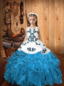 Blue Organza Lace Up Straps Sleeveless Floor Length Little Girls Pageant Dress Embroidery and Ruffles