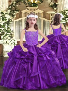 New Style Eggplant Purple and Purple Ball Gowns Organza Straps Sleeveless Beading Floor Length Lace Up Pageant Dress for