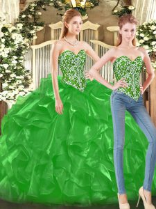 Floor Length Green Sweet 16 Dresses Tulle Sleeveless Beading and Ruffles