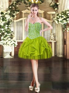 Olive Green Ball Gowns Sweetheart Sleeveless Tulle Mini Length Lace Up Beading and Ruffles Homecoming Dress
