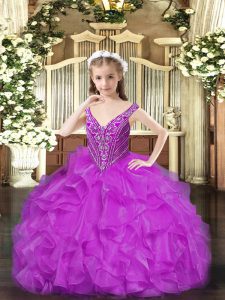 High Class Purple Lace Up V-neck Beading and Ruffles Pageant Dress for Girls Organza Sleeveless