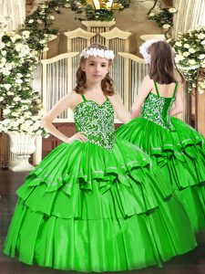 Most Popular Green Ball Gowns Organza Straps Sleeveless Beading and Ruffled Layers Floor Length Lace Up Little Girl Page