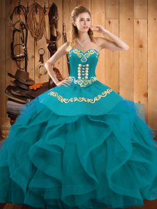 Pretty Embroidery and Ruffles Quinceanera Gowns Teal and Turquoise Lace Up Sleeveless Floor Length