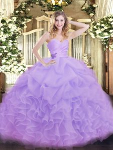 Suitable Lavender Organza Lace Up 15 Quinceanera Dress Sleeveless Floor Length Beading and Ruffles