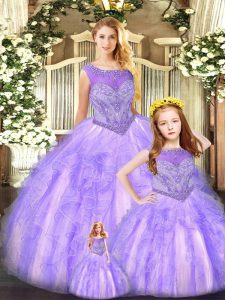 Organza Scoop Sleeveless Lace Up Beading and Ruffles Quinceanera Gowns in Lavender