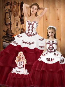 Wine Red 15 Quinceanera Dress Military Ball and Sweet 16 and Quinceanera with Embroidery Strapless Sleeveless Sweep Trai