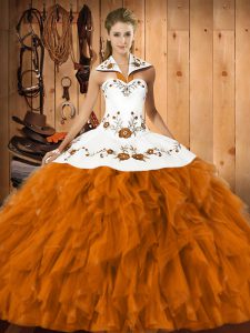 Ball Gowns Quinceanera Gown Orange Red Halter Top Satin and Organza Sleeveless Floor Length Lace Up