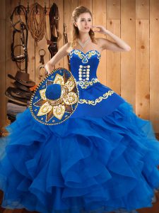 Fine Blue Sleeveless Floor Length Embroidery and Ruffles Lace Up 15 Quinceanera Dress