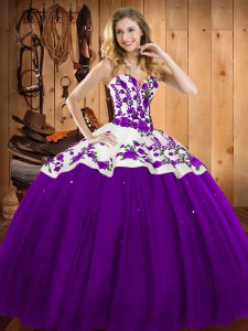 Eggplant Purple Satin and Tulle Lace Up Sweetheart Sleeveless Floor Length 15 Quinceanera Dress Embroidery