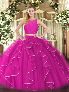 Fuchsia Ball Gown Prom Dress Military Ball and Sweet 16 and Quinceanera with Lace and Ruffles Scoop Sleeveless Zipper