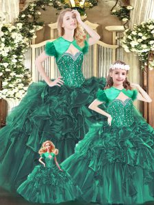Charming Floor Length Lace Up Quinceanera Dress Green for Military Ball and Sweet 16 and Quinceanera with Beading and Ru
